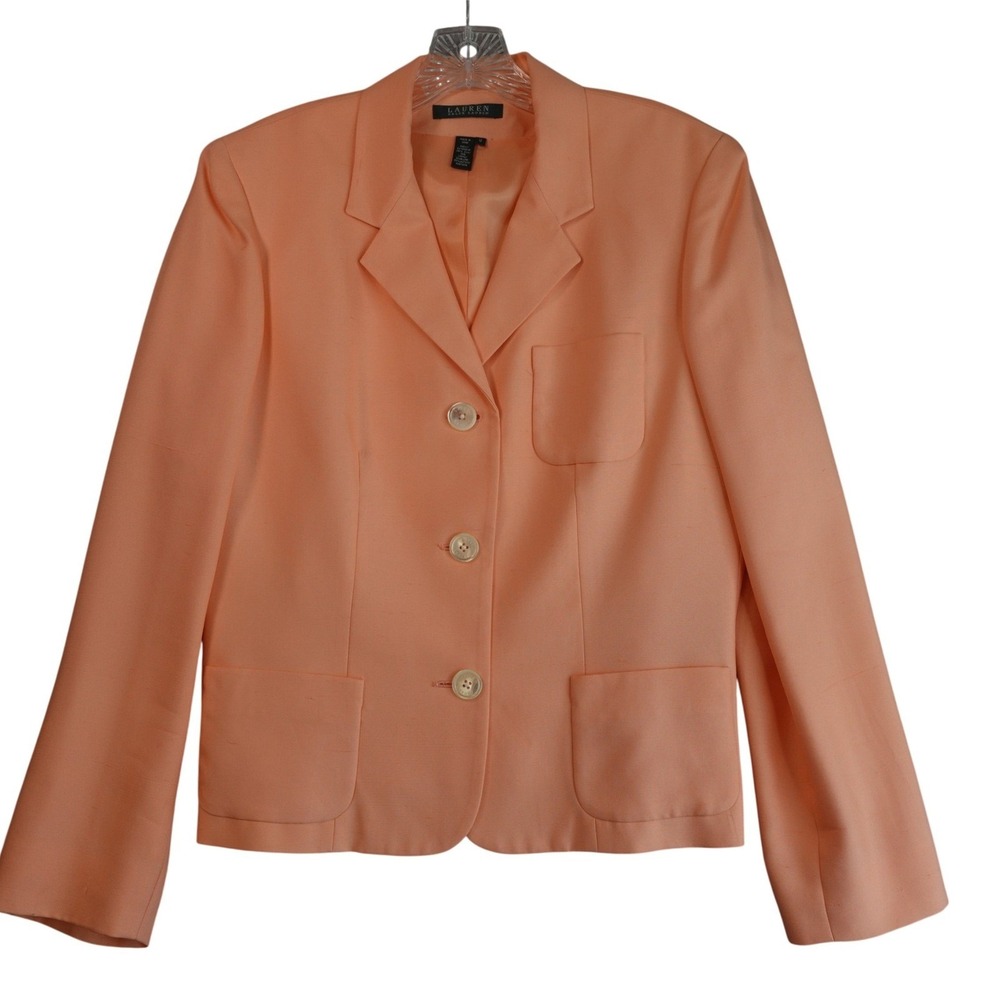 Vintage Ralph Lauren 100% Silk Blazer Womens 12 Peach Coral‎ Jacket Office 90s